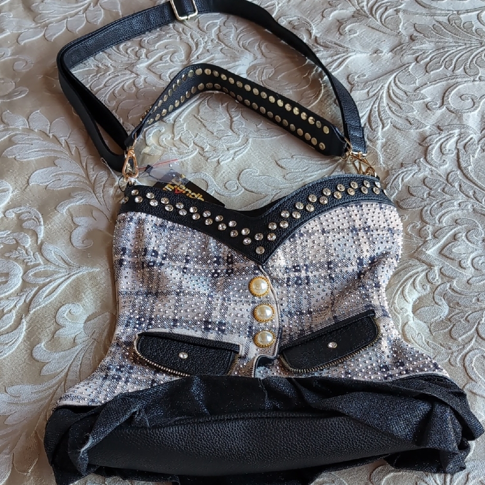 Elegant Plaid Crossbody Bag with Studded Accents